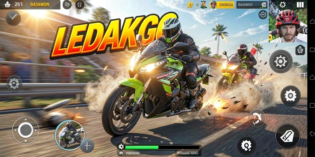 Gameplay LEDAKGG yang menegangkan dan penuh aksi balapan motor.