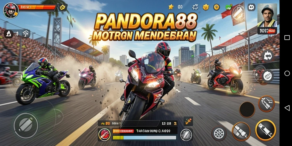 Screenshot gameplay PANDORA88 menampilkan balapan motor yang seru.