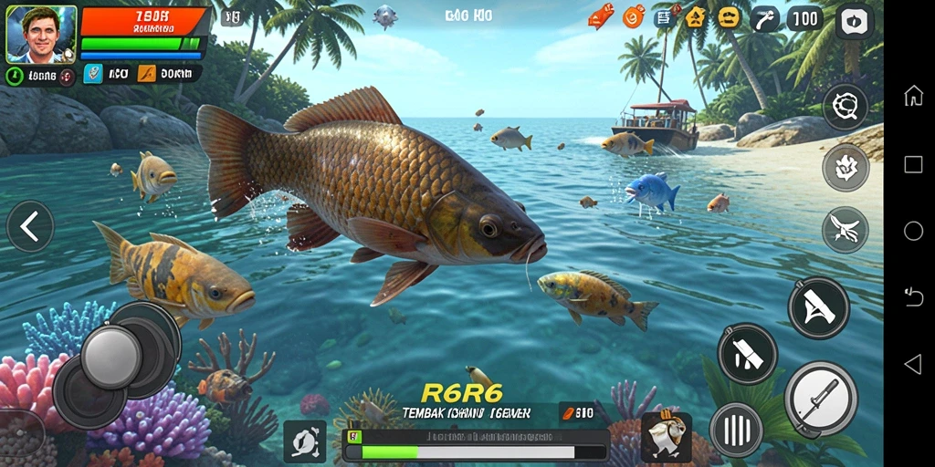 Tampilan gameplay R6R6 dengan aksi menembak ikan yang seru.
