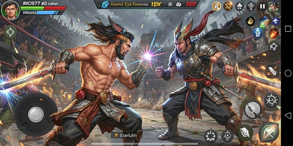 Screenshot gameplay RICIS77 menampilkan pertarungan karakter dengan grafis berkualitas tinggi.
